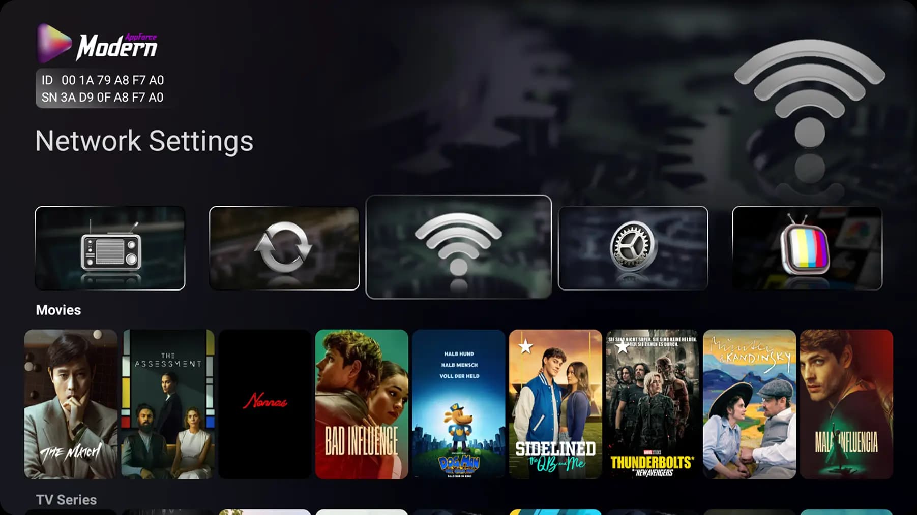Modern Appforce Android TV media player interface preview.