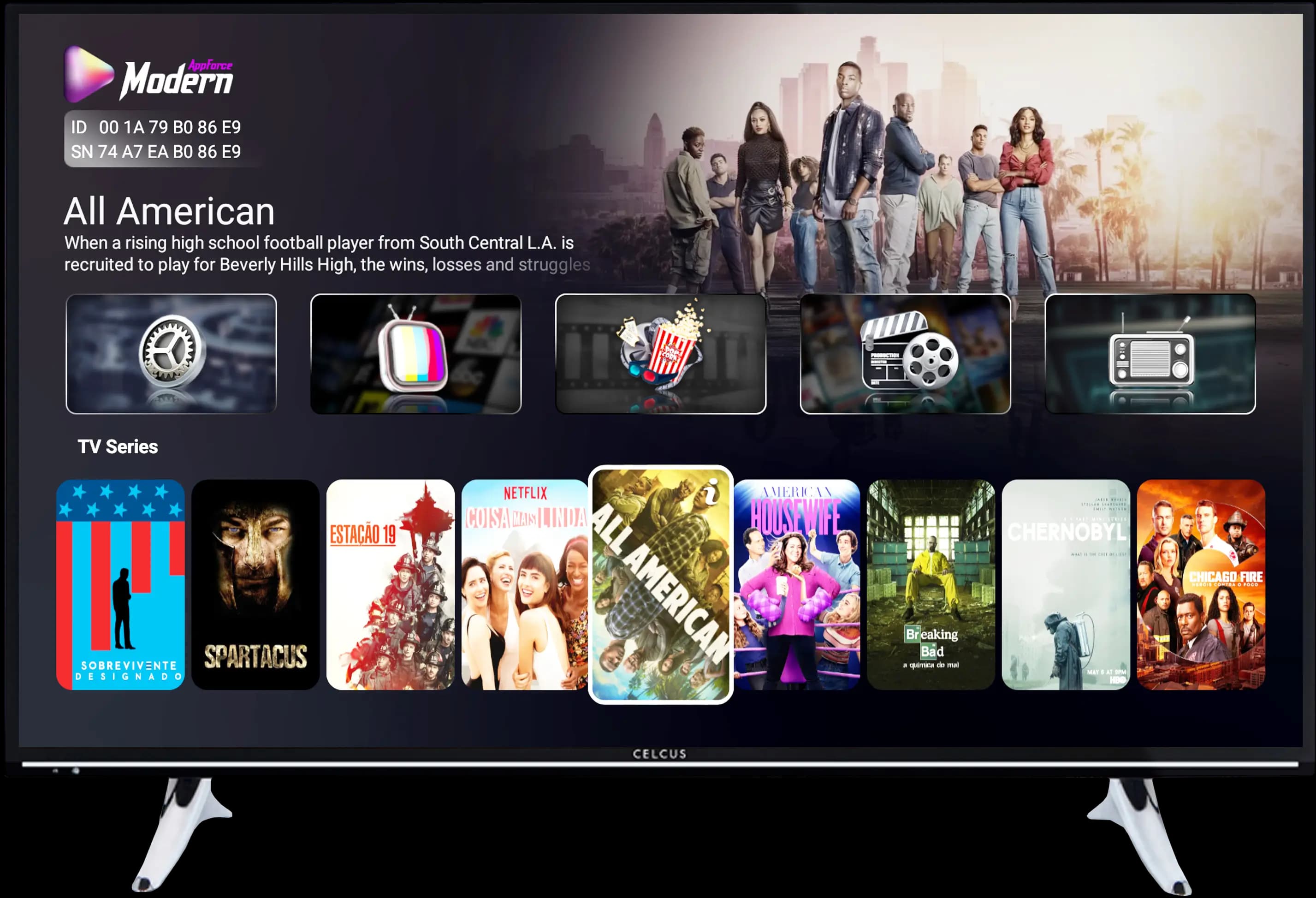 High-performance Android TV Media Player App interface featuring a vertical sidebar menu for Live TV, Movies, and Series.