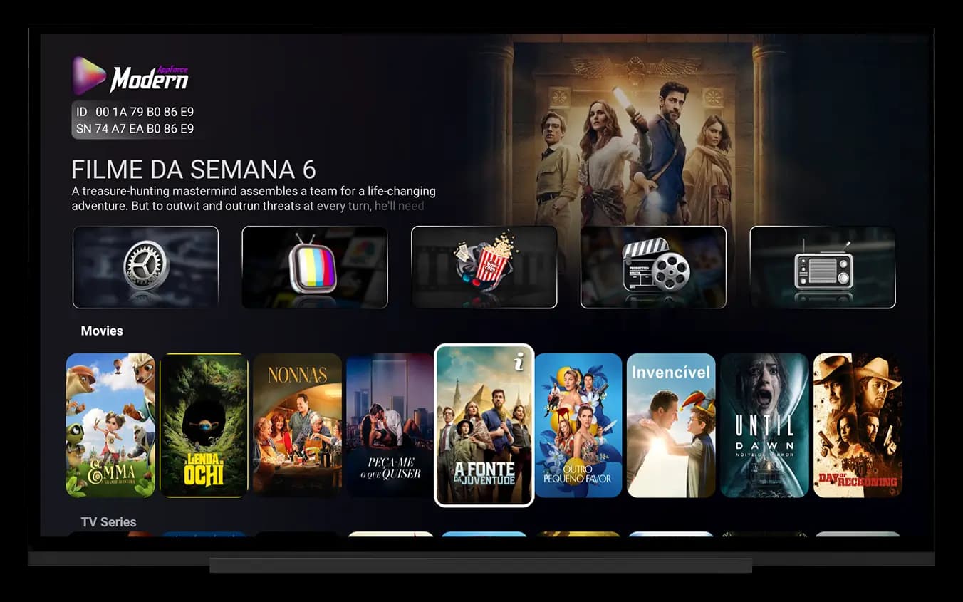 Best Media Player App For Android TV showing a sleek dark-themed dashboard with movie categories and 4K streaming options.